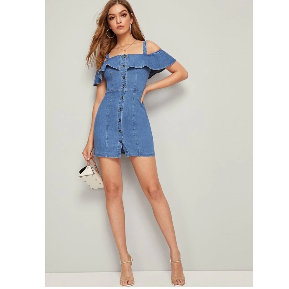 SHEIN Button Fly Ruffle Foldover Pencil Denim Dress With Straps
